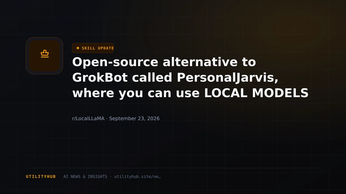 Visual for Open-source alternative to GrokBot called PersonalJarvis, where you can use LOCAL MODELS or connect models via subscriptions and API keys. Self-hosted, with integrated browser use, routines, a self-learning loop/memory system, 40 plugins, custom MCP servers, skills, CLIs and more